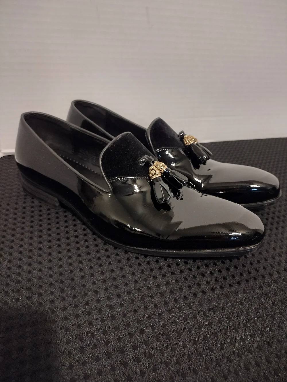 Black Patent Moretti Gold Label Tassel Loafers for Men 9 J Blade tie included
